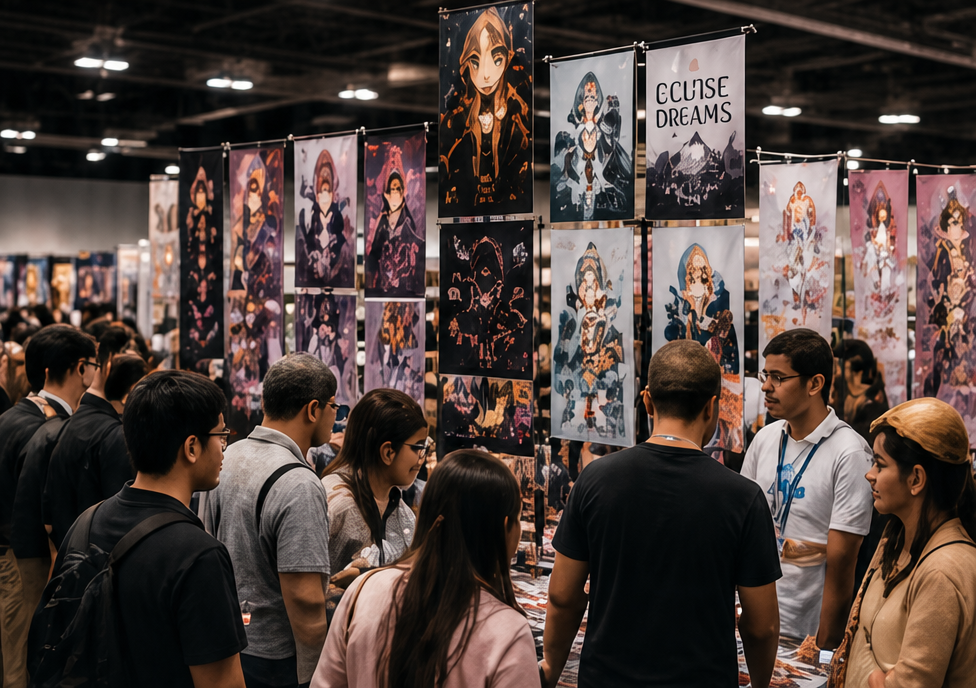 Fans discovering independent artists at a convention booth